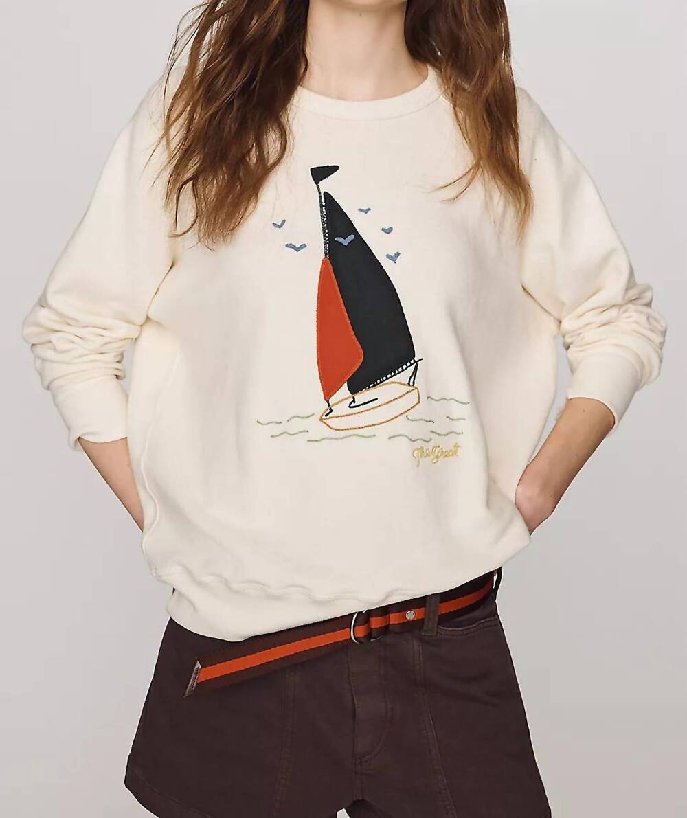 NEW THE GREAT. sailing boat applique college sweatshirt in washed white